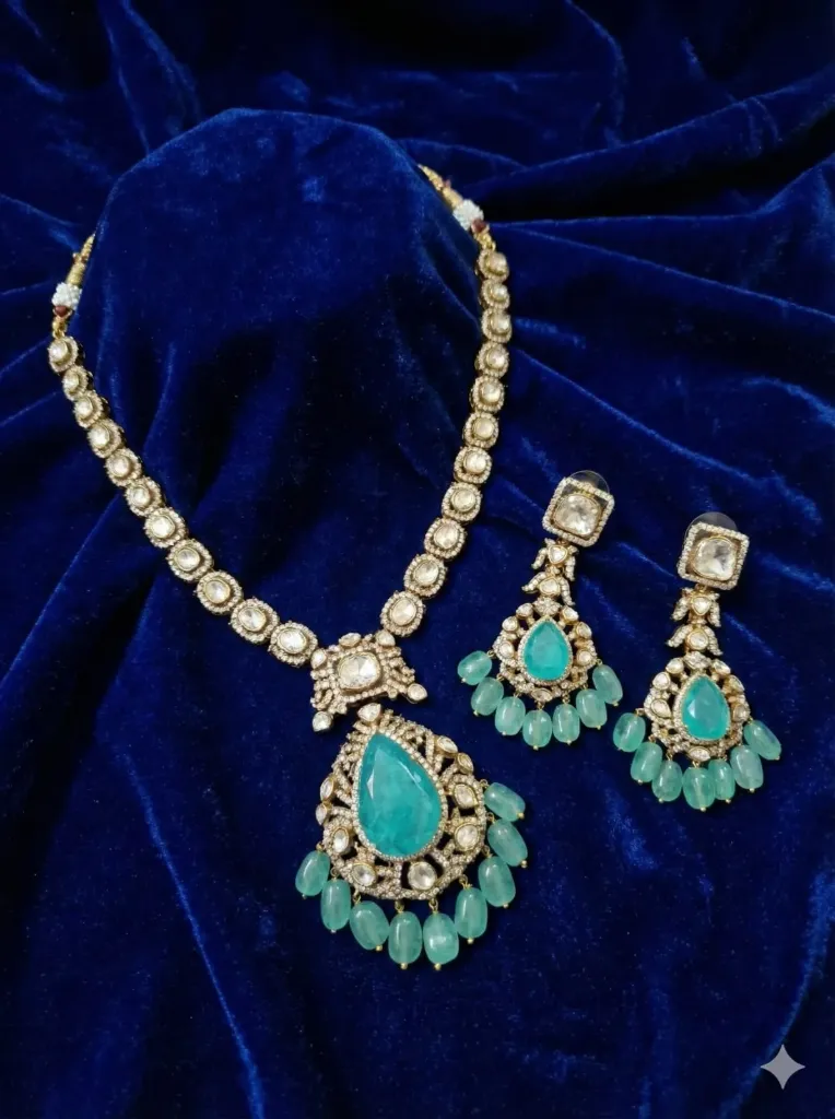 Aqua Polki Pendant Necklace Set